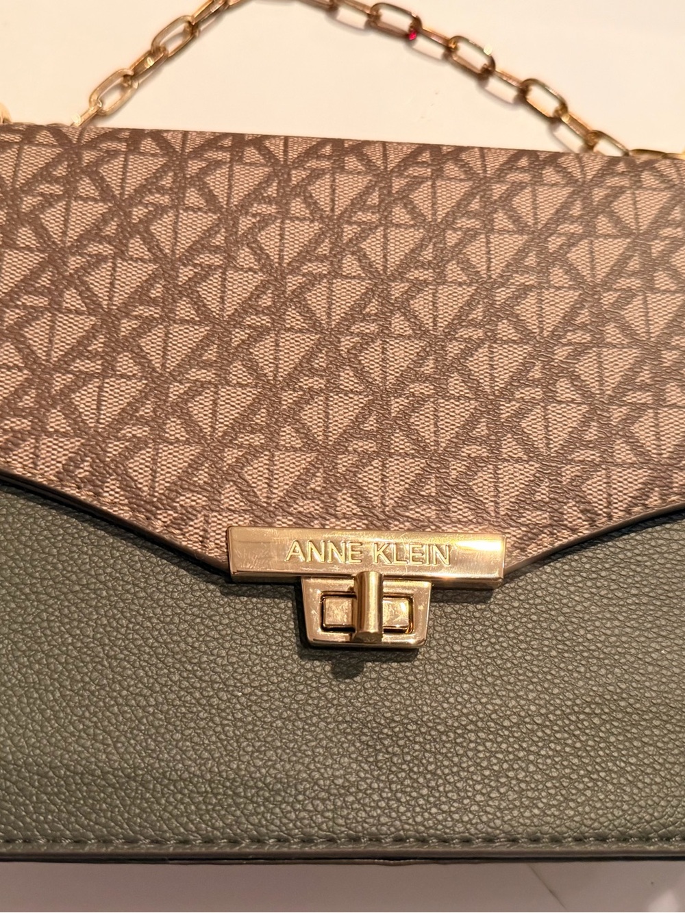 Anne Klein Olive and Taupe Logo-Print Satchel with Gold Hardware